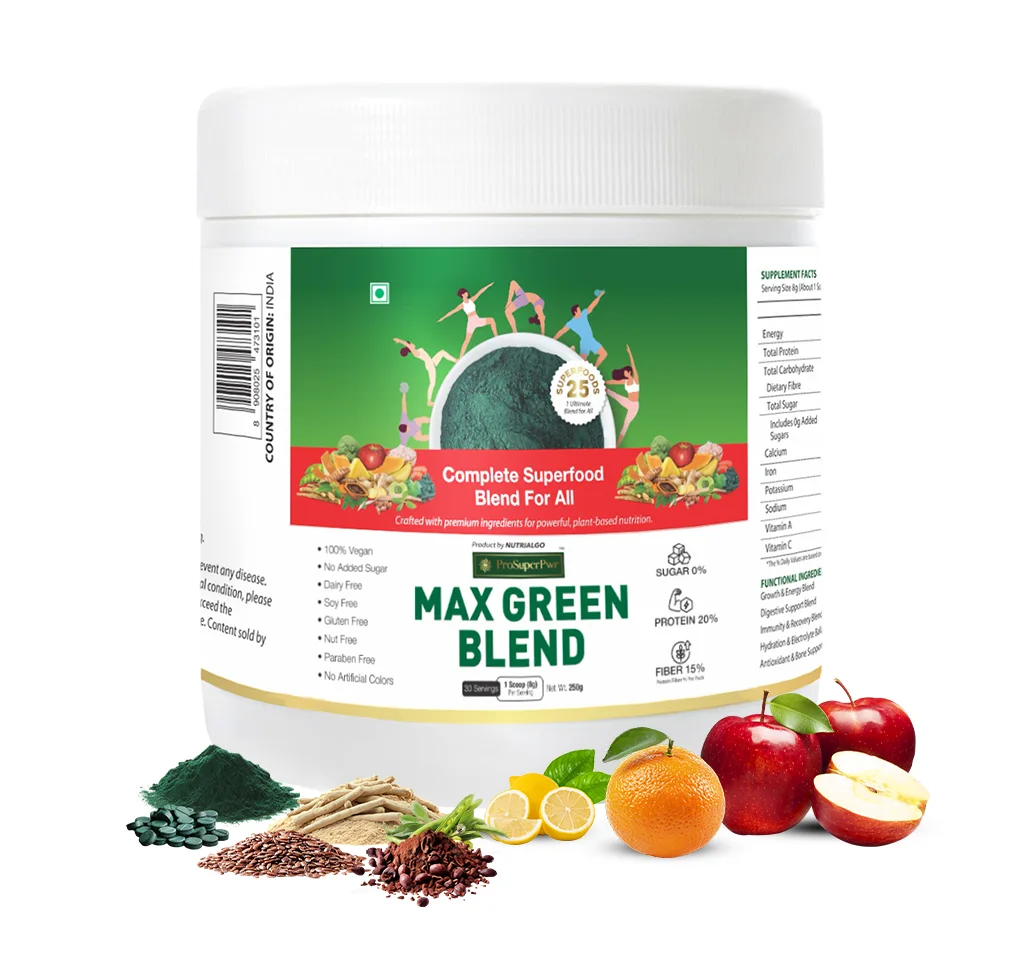ProSuperPwr Max Green Blend - Premium greens superfood powder in India for complete metabolic and blood sugar support.