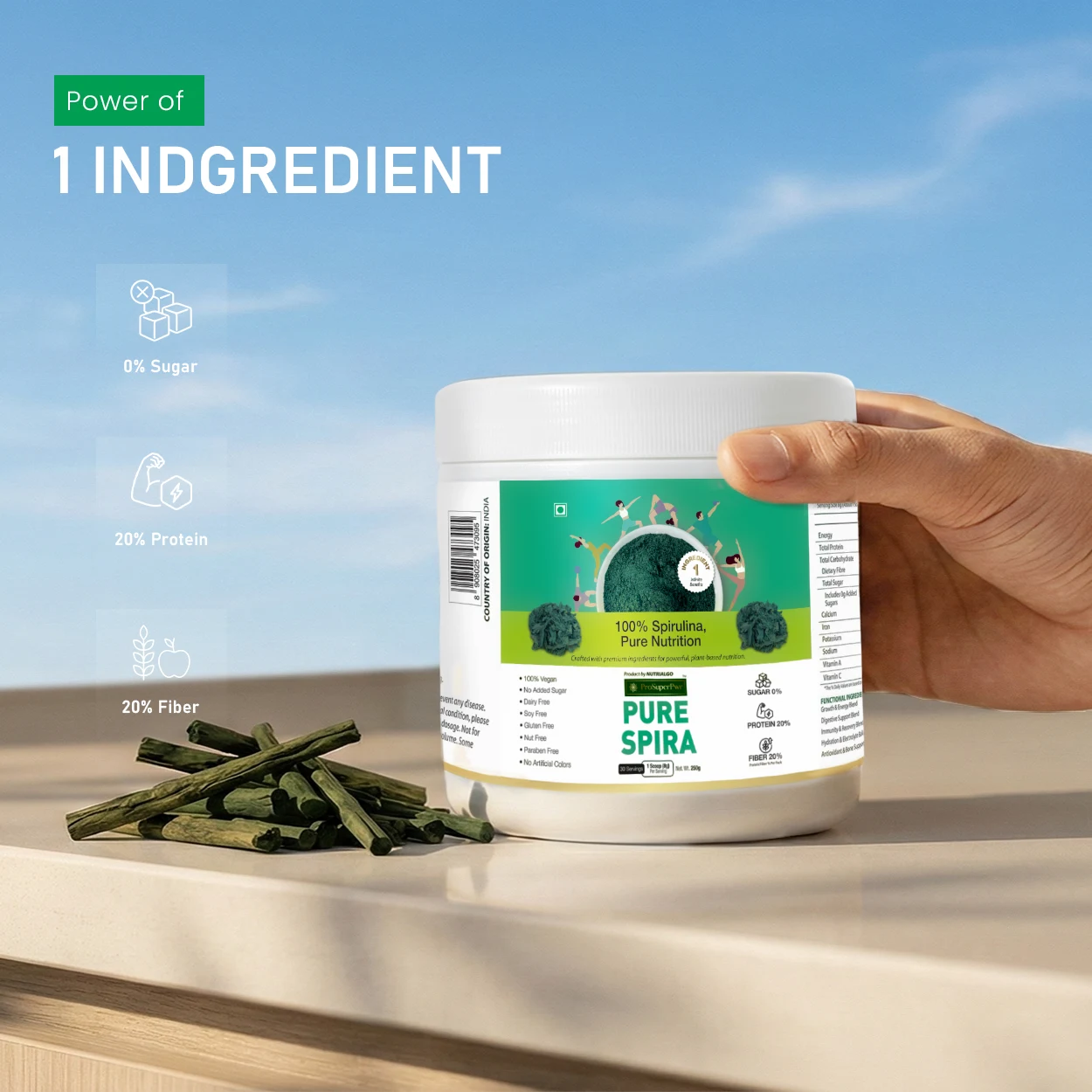 ProSuperPwr Pure Spirulina Powder - Natural gut inflammation supplement in India and clean, plant-based alternative to daily antacids.