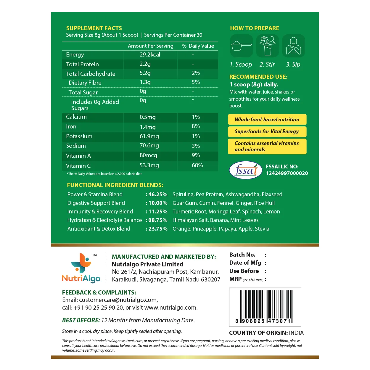 ProSuperPwr Pure Spirulina Powder - Natural anti-inflammatory supplement in India supporting the gut-skin connection and clear skin.