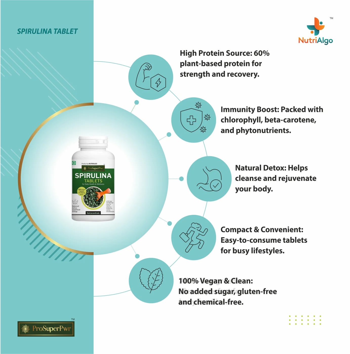 ProSuperPwr Spirulina Tablets - 500mg pure, FSSAI certified spirulina tablets in India for daily energy, sleep, and metabolic support.