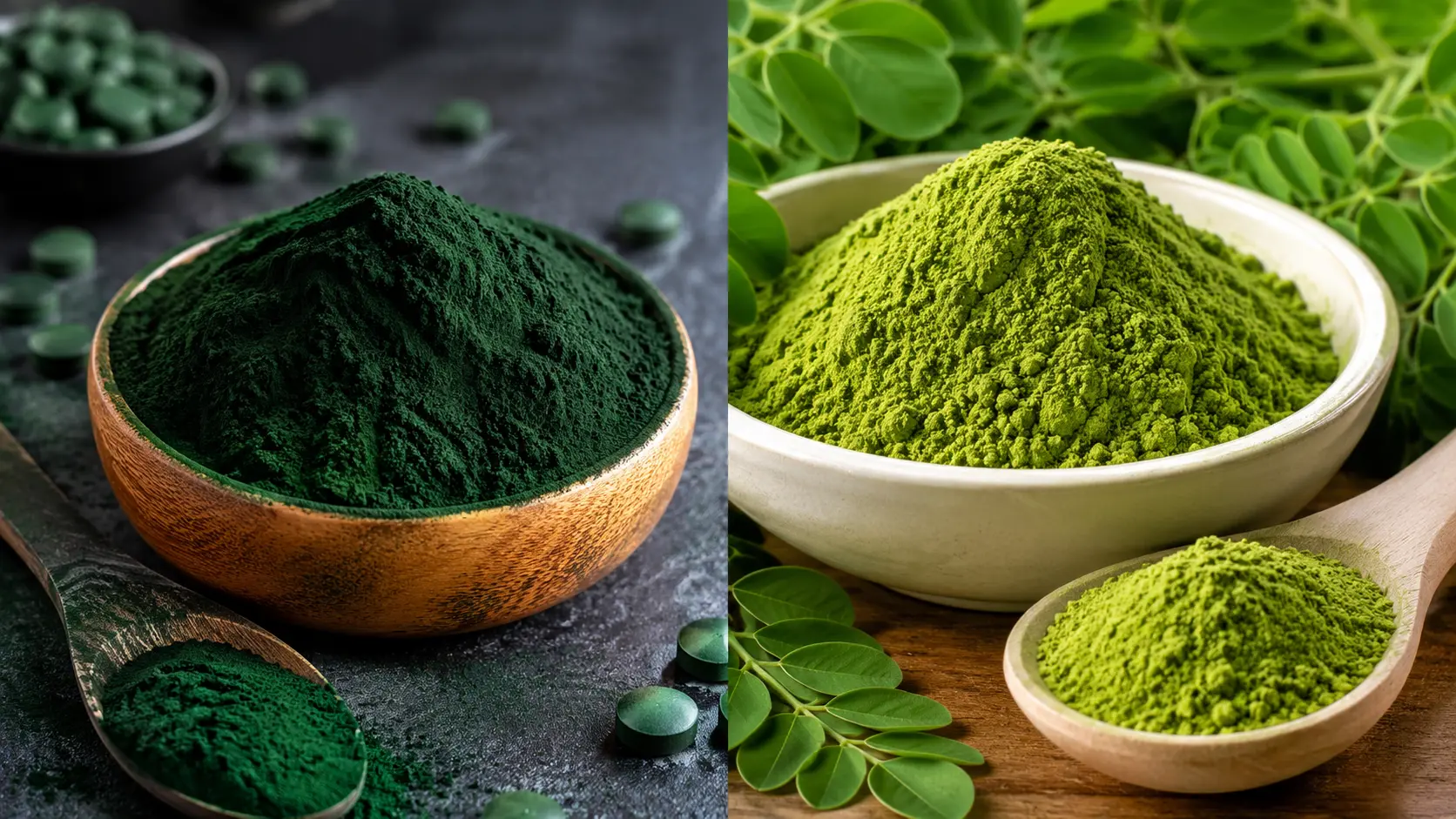 Split comparison of dark green spirulina powder and bright green moringa powder showing the visual difference between two popular superfoods in India.
