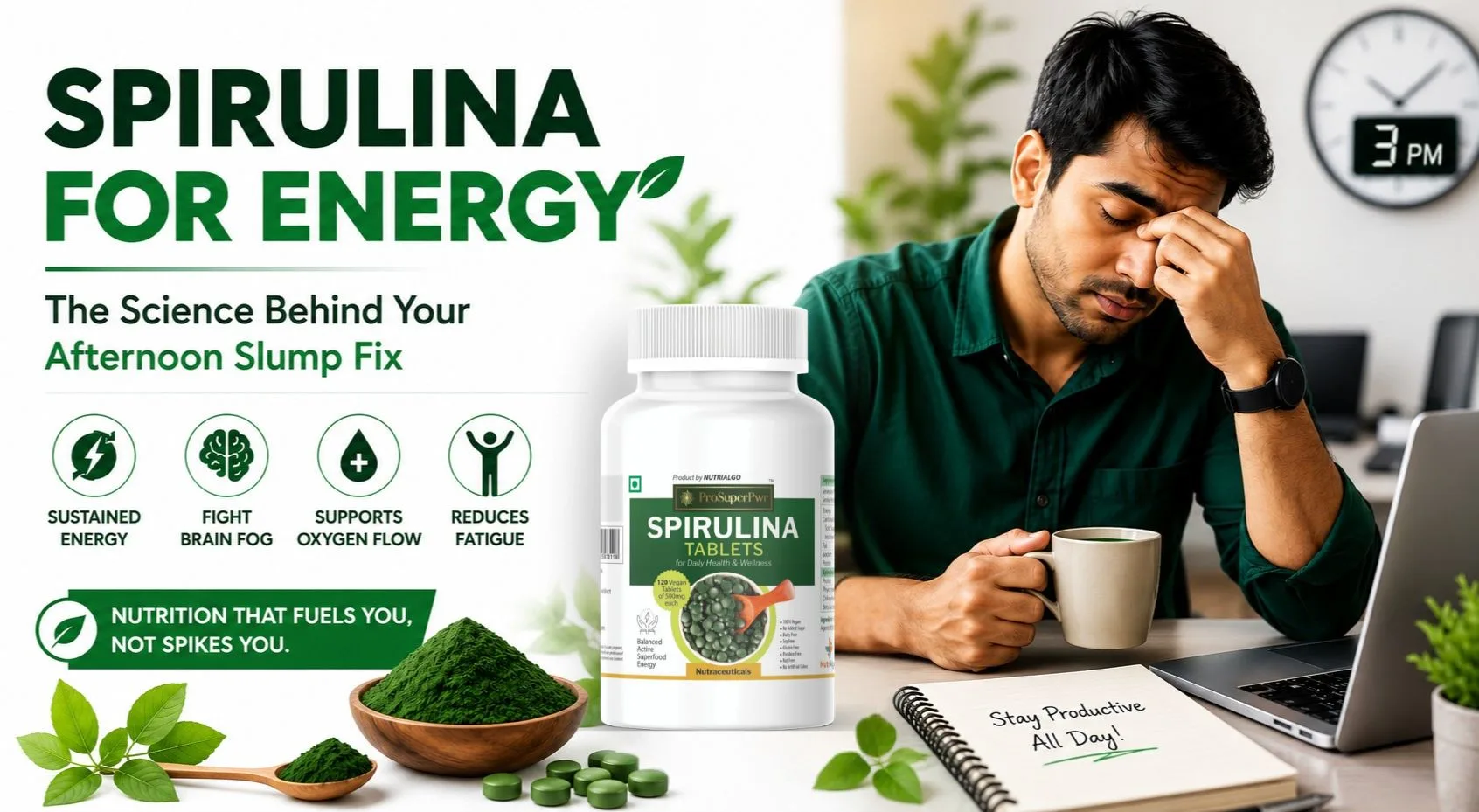 Professional experiencing a 3 PM afternoon energy slump with ProSuperPwr Spirulina Tablets and spirulina powder, illustrating natural energy support without caffeine.