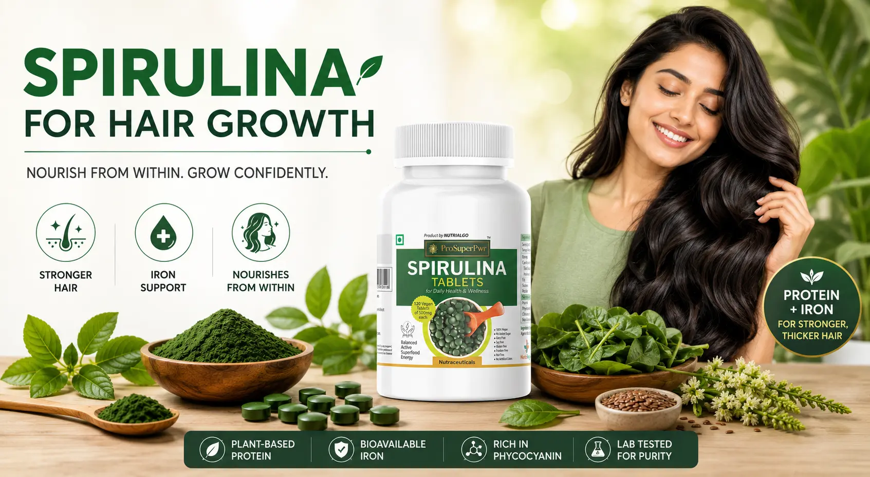 ProSuperPwr Spirulina Tablets with spirulina powder, fresh spinach, flax seeds, and a woman with healthy, shiny hair illustrating natural hair nourishment from plant-based protein and iron.