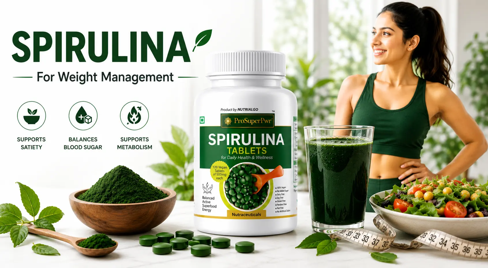 ProSuperPwr Spirulina Tablets with a dark green spirulina smoothie, fresh salad, spirulina powder, and a healthy active woman illustrating natural weight management support.