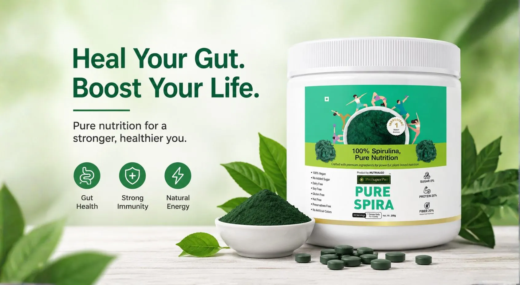 ProSuperPwr Pure Spira spirulina powder banner highlighting gut health, immunity, and natural energy.